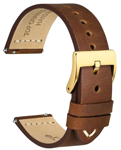 WOCCI 17mm Old-fashioned Watch Band for Men, Top Grain Leather, Golden Polished Buckle (Caramel Brown)