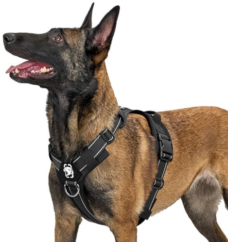 OneTigris Hundegeschirr, Diesel Einstellbar Taktisches Geschirr Weich Gepolstert Brustgeschirr für mittelgroße und große Hunde mit Reflektierend, 1 Griff, 3 D-Ringe (Schwarz, L)