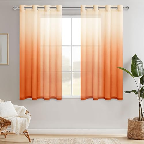 Hiasan Gardinen mit Ösen Vorhänge Farbverlauf Halbtransparent Wohnzimmer | Orange 140x145cm 2er Set, Ösenvorhang Gardine Vorhang aus Voile sanftes Licht moderne Dekoschal für Schlafzimmer Kinderzimmer