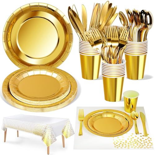 Nkaiso Paper Plates Napkins Cups Set, 141 Piece Gold Birthday Tableware Set for Kids - Includes Paper Plates, Cups, Napkins for Baby Shower, Wedding Party Decor Supplies - 20 Guests