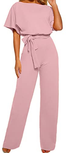 TURWXGSO Jumpsuit for Women UK Elegant Playsuits High Waisted Short Sleeve Wide Leg Loose One Piece Rompers Pants with Belt Plain All In One Outfit Festival Wedding Guest Outfits