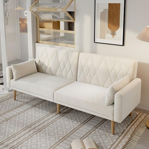 Rtopsu 2 Sitzer Sofa mit Schlaffunktion 180x75x82 cm, Schlafsofa Schlafcouch mit Verstellbarer Rückenlehne und Armlehnen, Kleines Sofa aus Samtstoff für Wohnzimmer, Beige