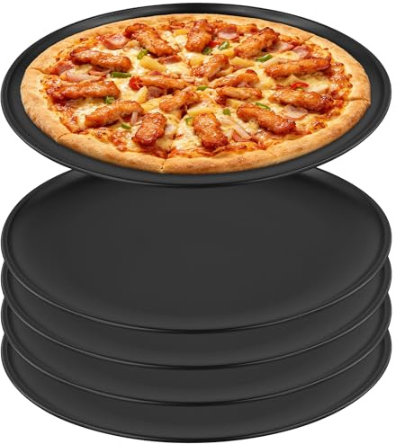 JIEHIN Set med 5 pizzaplåt rund 30 cm, rostfritt stål pizza bakplåt, non-stick-beläggning bakform pizzapanna rund för bakning, servering, lätt att rengöra