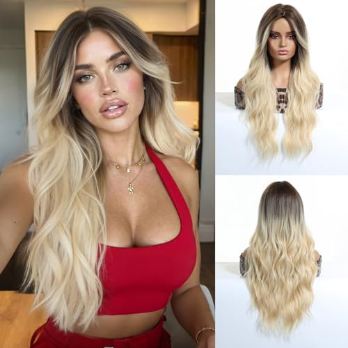 EMMOR Damen Lange Wellenperücke, Geschichtete Lockenperücke mit Mittelscheitel, 26 inches natürliche hitzebeständige synthetische Haare(Ombre Blonde Perücke)