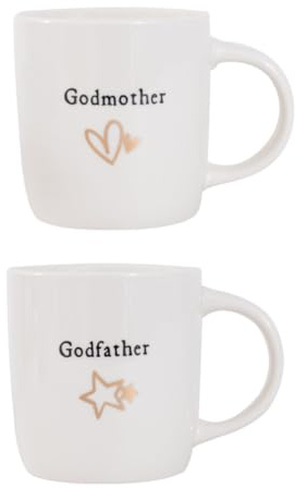 YöL Set of 2 Godparent Mugs – 12oz Gift Cup with Gold Foil Stars Hearts Design Godfather Godmother Elegant Keepsake for Christenings Baptisms New Bone China