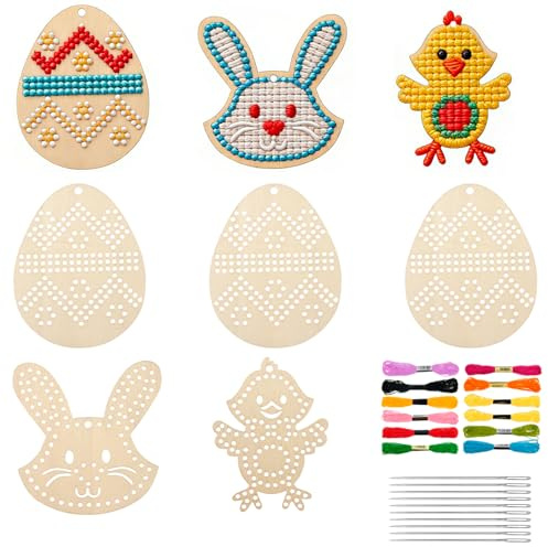 Scinzene 31 tlg Ostern Bastelset Kinder Holz, Kreuzstich Set zum Sticken für Kinder, Ostereier Hase Küken Anhänger, Ostern Deko, DIY Osterbasteln mit Kindern, Stickset Kinder Anfänger Frühlingsdeko