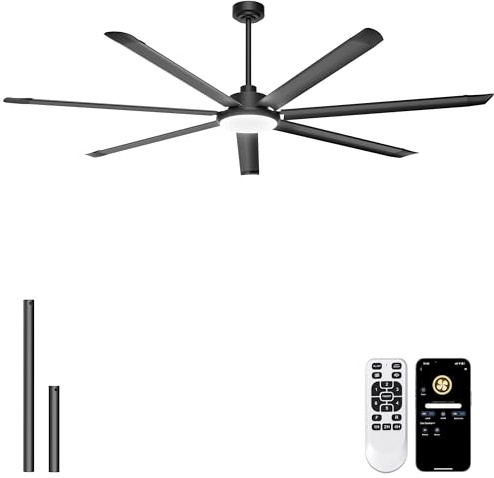 Ohniyou Ventilador de Techo de 213 cm con Luz - Ventiladores de Techo Industrial Grande con Control Remoto/APP, 7 Aspas de Aluminio, Motor DC Silencioso para Interior Exterior Terraza Garaje, Negro