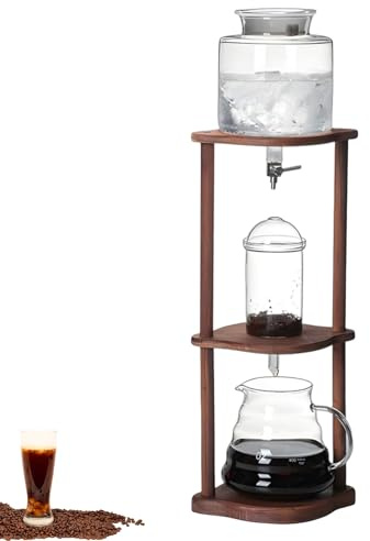 DOJOEUU Cafetera de goteo lento para café frío, torre de goteo de 600 ml con válvula de control de acero inoxidable, soporte de madera desmontable, 2 a 4 tazas, vidrio de borosilicato