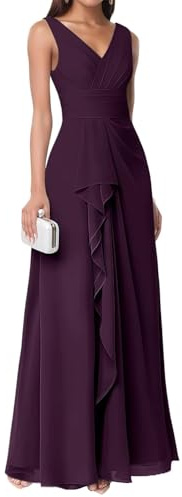 ORRCIGH Vestido de dama de honor con cuello en V doble, vestido de gasa plisado formal para fiesta de noche, vestido largo para mujer WPX025, morado, 40