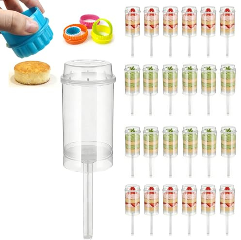 uracl Cake Push Pop Containers with Lids & Cake Cutter Tool, Clear Push Up Dessert Cups with Sticks & Bases, Reusable Food-Grade PP Plastic for Birthday, Wedding, Party & DIY Baking (24 pcs)