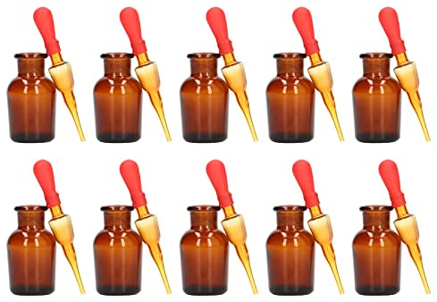 Juego de goteros de vidrio ámbar con tapas de goma Capacidad de 30 ml para herramientas de experimentos de almacenamiento químico y farmacéutico de laboratorio 10 botellas
