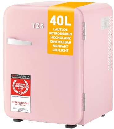 TZS First Austria - Retro Mini Fridge 40L - Silent Operation - Vintage Minibar for Bedrooms & Offices - Pink