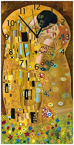 Wallario Design-Wanduhr Der Kuss von Klimt aus Glas, Motiv-Uhr Größe 30 x 60 cm, Schwarze Zeiger