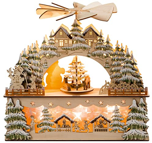 HGD - LED Lichterbogen „Winterwald“ mit beweglicher Pyramide - Weihnachtsdeko aus Holz mit LED Beleuchtung mit Timer - für Fensterbank, Wohnzimmer, Innenraum, 30,5 x 30 x 9 cm