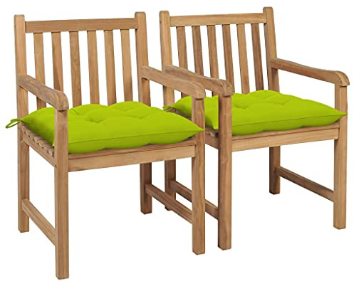 vidaXL 2X Teak Wood trädgårdsstolar med kuddar utomhus matsalsstolar uteplats middagsstol ljusgrön