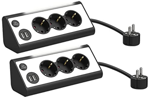 revolt Steckdosenverteiler: 2er-Set 3-Fach-Eck-Steckdosenleiste mit 2 USB-Lade-Ports & Nachtlicht (Steckdosenblock, Eck-Steckdose, Apple iPhone Ladekabel)