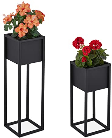 Relaxdays Set Supporti per Fiori, Portavasi in Ferro, 2 Misure, Porta Piante da Interni, Struttura in Metallo, Nero