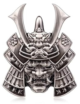 Samurai Metal Car Sticker, Japanese Style Hannya Decal, Demon with Helmet Emblem, Devil Death Skull Zinc Alloy Skull Cool Badge for Automotive, Truck, Motorcycle (Type B - Gun Color)