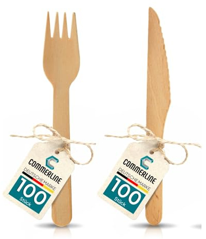 100 Holzgabeln + 100 Holzmesser Set | 200 Stück Einweg Besteck Set | Einweggeschirr Set aus Holz | Einwegbesteck Holzbesteck Holzgeschirr (100 Gabeln & 100 Messer)