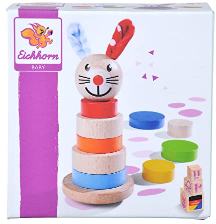 Eichhorn - Baby Stapelturm, mit Bodenplatte, bunten Scheiben und Hasenkopf, 11-TLG. 20cm Hoch, 100% FSC zertifiziertes Buchenholz, ab 1 Jahr