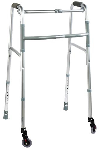 Deambulatore Pieghevole Regolabile in Alluminio con Ruote, per Adulti e Anziani (2 Puntali + 2 Ruote Piroettanti)