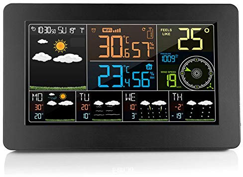 ATAAY Stazioni Meteo Wireless con Sensore Esterno Wireless, Anemometro Barometro Temperatura Igrometro 6 Tipi Previsioni Meteo Sveglia 12 Display Digitale Fasi Lunari