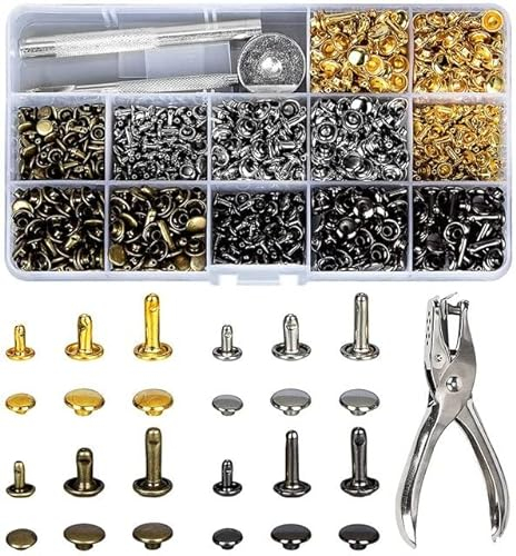 Doppelkappen-Ledernieten Metallrohrnieten mit Lochzange Befestigungsset für Lederhandwerksnieten 720/540/135 Stück - 720 Set und Zange