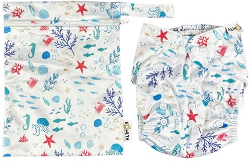 Alimos Swim Nappy and Waterproof Bag Washable Reusable for Happy Baby (0-3 Years) UK Brand (Sea)