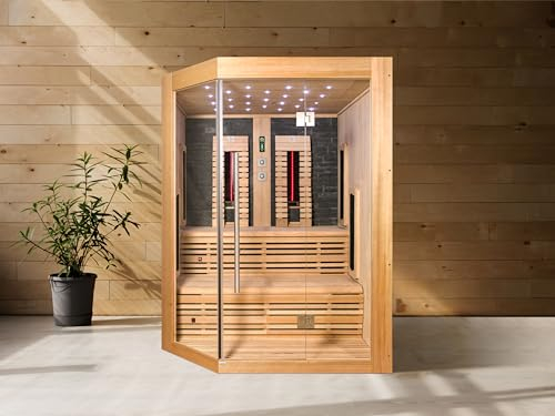 SANOTECHNIK Infrarotkabine KIRUNA – Infrarotsauna 3–4 Personen 160×160×210cm | 6 Vollspektrum-Strahler (2 regelbar) + 3 Heizplatten 3300W, LED-Farblicht, Bluetooth – Art.Nr.: K50160