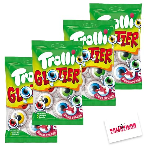Trolli Glotzer Halloween Schaumzucker-Gummibonbon mit saurer Füllung | Gruselige Augenform | 4 stk. 75g (4er Pack, Trolli Glotzer 75g)