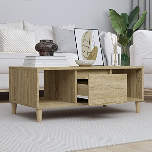 AUVYI Couchtisch mit Schublade Sonoma-Eiche 90x50x36,5 cm Holzwerkstoff&Eukalyptus Schränkchen mit Schubladen Sofatisch Holz Wohnzimmertisch Beistelltisch Chautschtisch