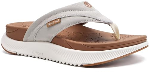 ONCAI Orthopedic Flip Flops Women with Arch Support Ladies Orthotic Recovery Sandals 2025 Comfortable Plantar Fasciitis Slip On Walking Sandal for Womans Indoor Casual Summer KhakiWhite Size 8