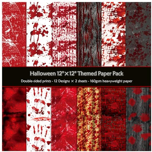 ZAKHSE Motivpapier Halloween, 24 Blätter Designpapier 30x30cm Halloween Prints Doppelseitig Bedruckt Gemustert Bastelpapier Scrapbook Papier Geschenkpapier Papierblock für Basteln-12 Designs-Schwarz