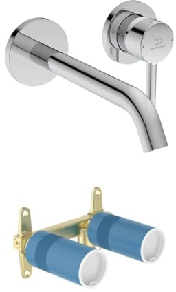 Set aus Ideal Standard A6938AA Ceraline Wand-Waschtischarmatur Wandmontage, Bad-Wandarmatur mit Auslauf, Mischbatterie Wasserhahn, Wassersparend, Chrom + Ideal Standard A1313NU Unterputz-Bausatz 1