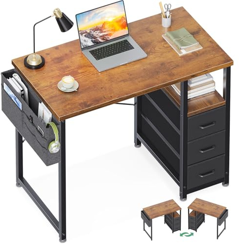 AODK 32 Inch Small Computer Desk with Fabric Drawers, Kids Study Desk for Bedroom, Home Office Desk with Storage Shelf & Bag for Small Space, Vintage