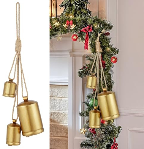 Minetom Set of 3 Christmas Bells, Decoraitve Brass Bells with Jute Hanging Rope for Christmas Decor Wreath Garland Tree Doors Windows Rustic Home Decor, Vintage Iron Bells