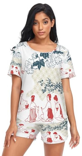 HMZXZ Damen Schlafanzug-Set Chinesisch Frau Libelle Sommer Pyjama Woman Set,Tier Blumen Loungewear und Shorts Lounge Set Sleepwear Nachtwäsche