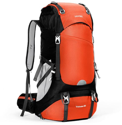HOMIEE Wanderrucksack 50L Herren Damen Wasserdichter Trekkingrucksack Reiserucksack Outdoor Wandern Rucksack Mit Regenabdeckung, Orange