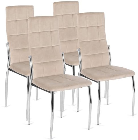 MEBEL ELITE Esszimmerstühle 4er Set – Weiche Stühle aus Velourstoff in Grau – Gepolsterte Stühle mit silbernen Metallbeinen – Moderne, Pflegeleichte Esszimmerstühle im eleganten Design