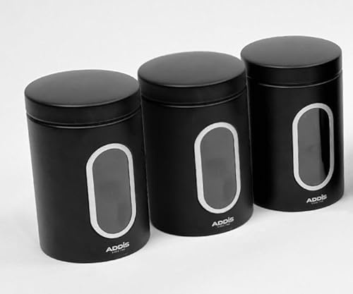 Addis Kitchen Storage Canisters 3 Pack Storage Container Set, Ergonomic Food Containers, Storage Jars with Window – For Tea, Coffee Sugar, Nuts, All black finish