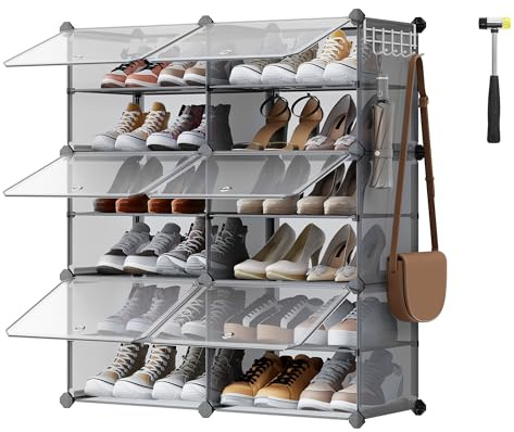 SONGMICS Schuhregal, Schuhschrank, für Garderobe und Eingangsbereich, anpassbar, 6 Fächer, für bis zu 24 Paar Schuhe, schiefergrau-transparent LPC033G01 | 30 x 40 x 30 cm pro Fach, Stahl, PP-Kunststoff, ABS-Kunststoff, DAMION Kollektion LPC033G01