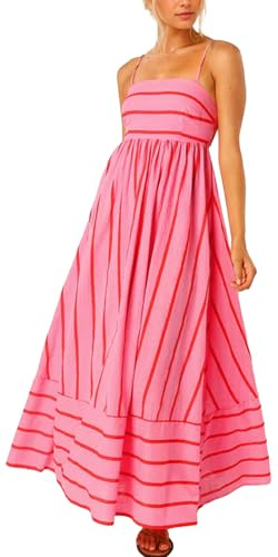 FEOYA Damen Langes Gestreiftes Maxi Kleid mit Spaghetti Riemen Rücken Gesmoktes Boho Flowy Swing Rosa M