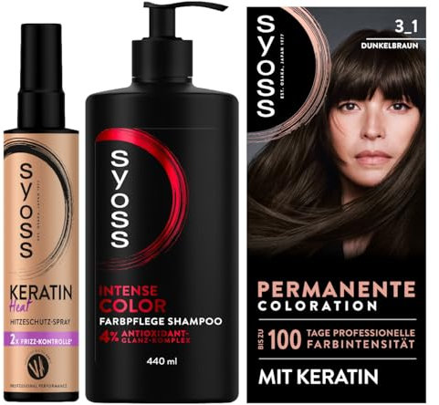 SYOSS Coloration 3_1 Dunkelbraun (115 ml) professionelle Farbintensität & Shampoo Intense Color Farbpflege Shampoo (440 ml) Farbschutz & Keratin Heat Hitzeschutz Spray (200 ml) mit Frizz-Kontrolle