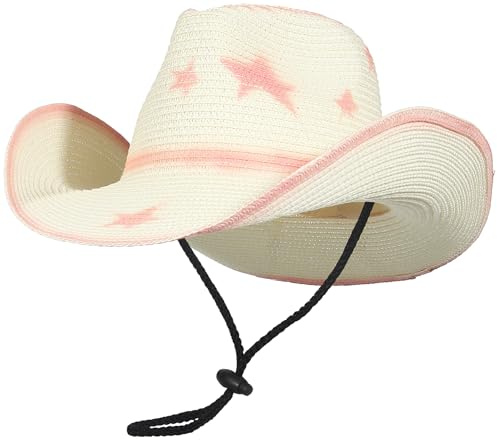GEMVIE Straw Cowboy Hats for Women Mens Summer Straw Hat Stars Pattern Shapeable Brim Cowgirl Hat for Outdoor with Chin Strap