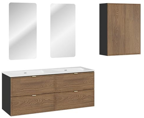Lomadox Badmöbel-Set 5-teilig mit 120 cm Doppelwaschtisch und 2 LED-Spiegeln in Eiche und schwarz, Doppelwaschbecken weiß