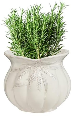 Ceramic Jardinière Flower Pots with Embossed Wheatsheaf Bow Design (White) | Plant Pots, Planter, Windowsill, Table, Shelf, Centrepiece, Watertight, Glazed, Rustic Style