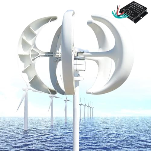 Aerogenerador vertical de 5 aspas de 12000 W, 12 V/24 V/48 V/110 V/220 V, kit de turbina de imán permanente trifásica de CA con controlador, para casa, barco, chalet o autocaravana, color blanco, 24 V