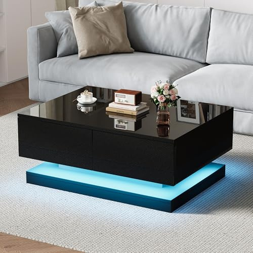 Merax Couchtisch Schwarz, Wohnzimmertisch Hochglanz mit LED Beleuchtung, Modern Beistelltisch Kaffeetisch mit 2 Schubladen, Schwebendes Design, Rechteckiger Mitteltisch für Wohnzimmer, 90x50x38cm