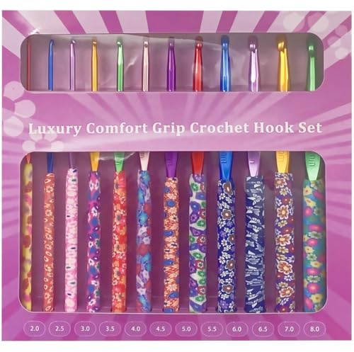 igadgitz home U7306 12-Piece Luxury Comfort Grip Patterned Crochet Hook Set (2-8mm), Cushioned, Comfort Grip, Ergonomic - Floret Pattern