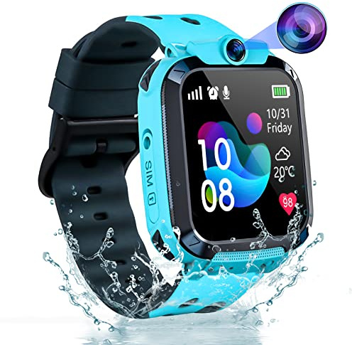 Smartwatch Kinder, Kinder Smartwatch mit GPS und Telefon, Wasserdicht GPS Kinderuhr mit IP68 SOS Anruffunktion Handy Touchscreen Spiel Voice Chat Wecker Schulmodus für Jungen Mädchen Student Geschenk